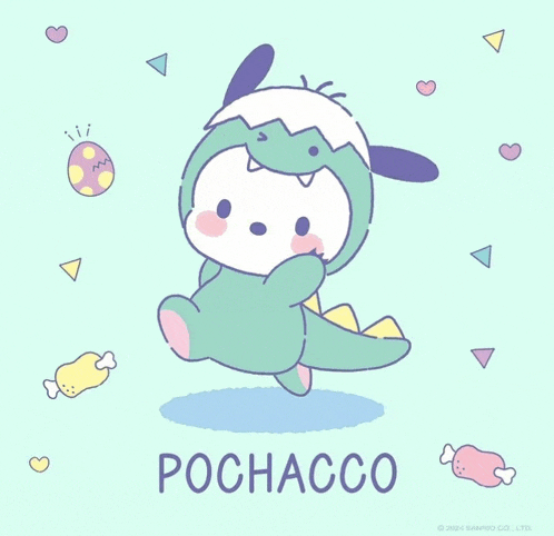 a drawing of a dog dressed in a dinosaur costume with the name pochacco on the bottom