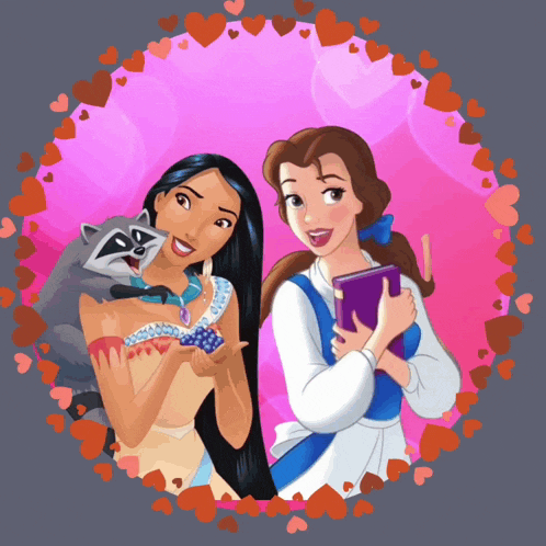 a cartoon of pocahontas and belle with a raccoon