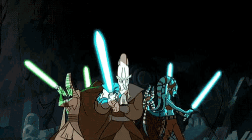 a group of cartoon characters with lightsabers in their hands