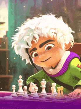 a cartoon character playing a game of chess with white pieces