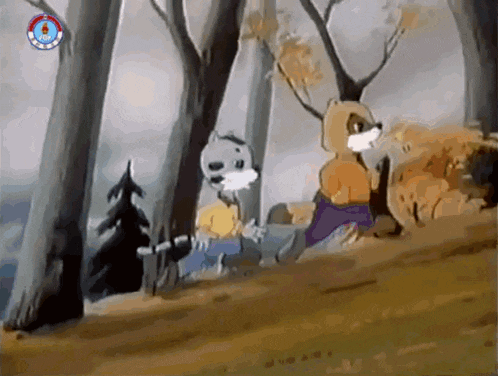a cartoon of a rabbit and a fox in a forest with a circle on the bottom right