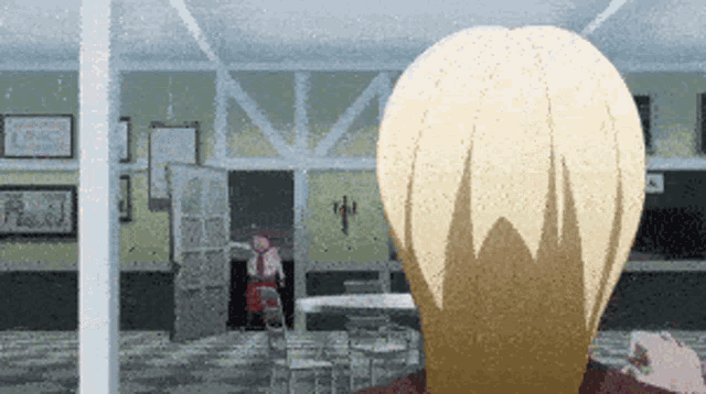 a pixelated image of a person looking out a window at a restaurant