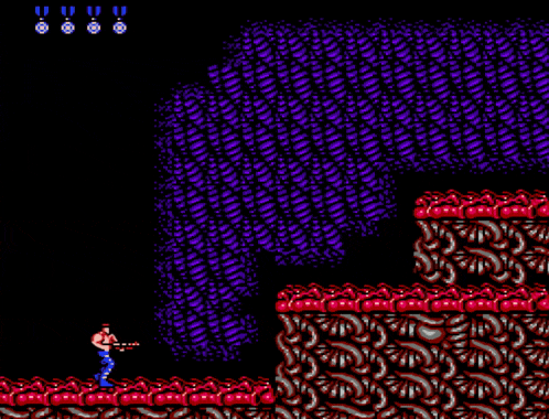 a video game screen shows a man holding a gun and a purple background