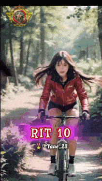 a girl in a red jacket is riding a bike with rit 10 on the bottom
