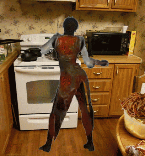 a drawing of a person standing in a kitchen with a box of cheerios on the counter