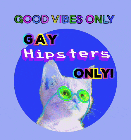 a picture of a cat with sunglasses and the words good vibes only gay hipsters only