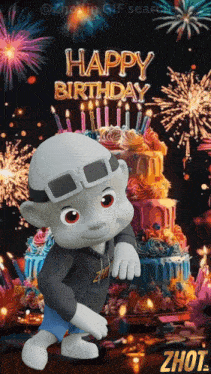 a cartoon character standing in front of a birthday cake with the words happy birthday written on it