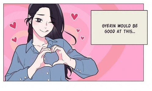 a woman is making a heart shape with her hands in a cartoon .
