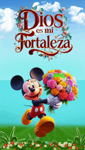 a picture of mickey mouse holding a bouquet of flowers with the words dios es mi fortaleza above him