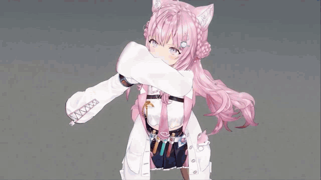 a girl with pink hair and a cat ear is covering her mouth with her hand