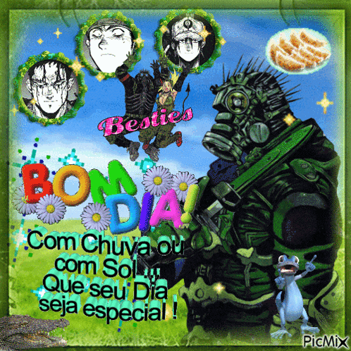 a picture of a frog and a man with the words bom dia on it