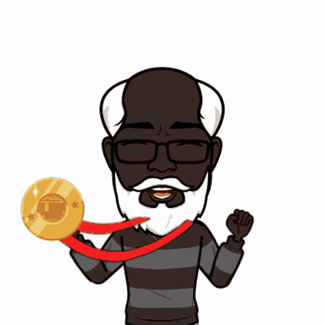 a man with glasses and a beard is holding a gold medal
