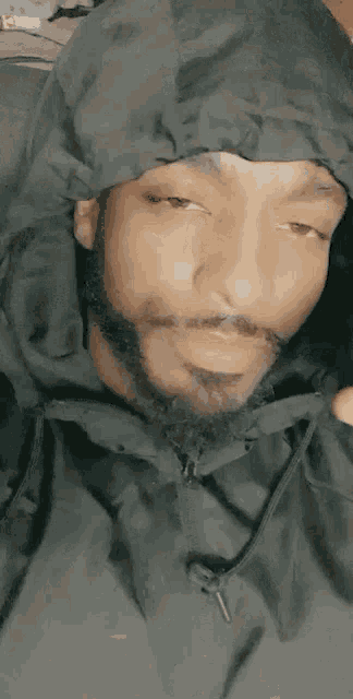 a man with a beard wearing a hooded jacket is looking at the camera .
