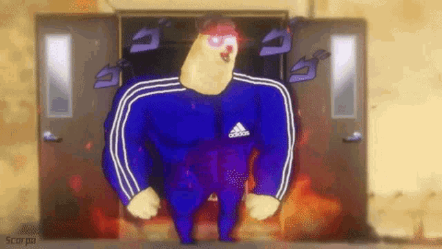 a cartoon chicken wearing a blue adidas tracksuit is standing in front of a doorway .