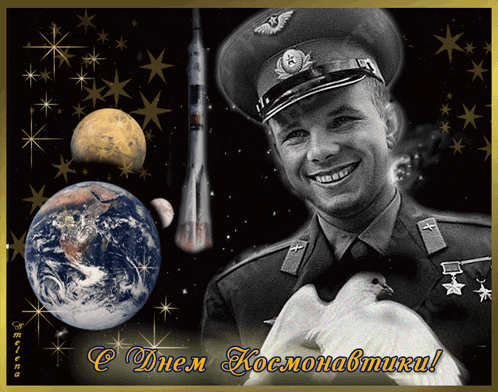 a man in a military uniform is holding a bird in front of a picture of the earth and a rocket