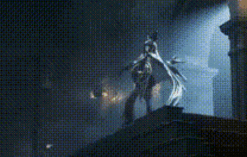 a silhouette of a person standing in the dark with a sword .