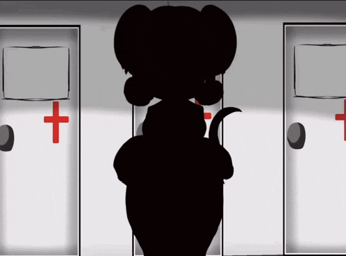 a silhouette of a cartoon character standing in front of a door with a cross on it