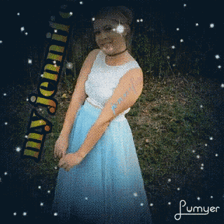 a girl in a white top and blue skirt has the name jennifer written on her arm