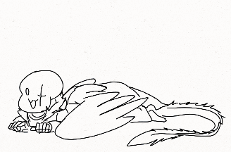 a black and white drawing of a skeleton laying on its back with wings .