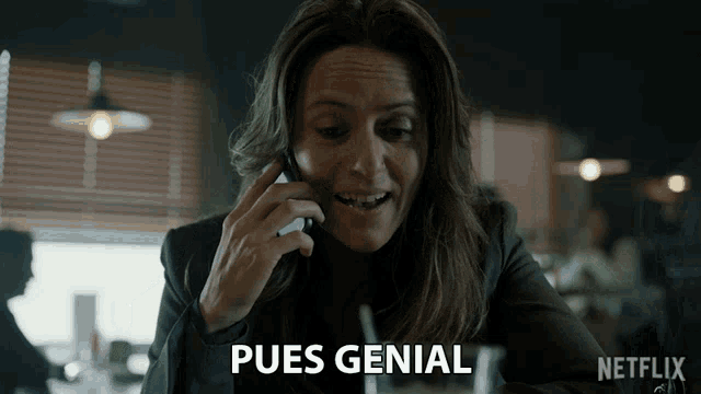 a woman talking on a cell phone with the words pues genial written below her