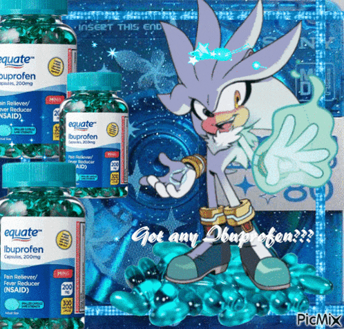 a picture of sonic the hedgehog giving a thumbs up next to equate ibuprofen