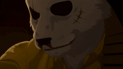 a close up of a cartoon character wearing a white mask