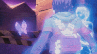 a man with a backpack is standing in front of a building with a purple background .