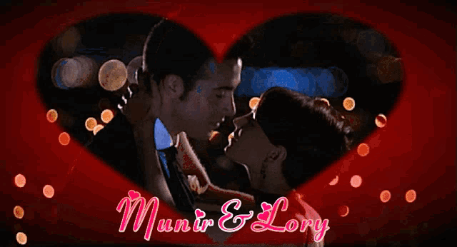 a picture of a man and woman kissing with the words munir & lory in pink