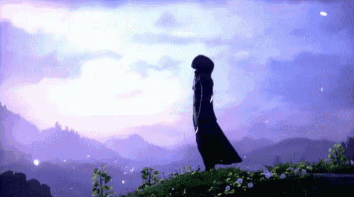 a silhouette of a person standing on top of a hill in front of a purple sky .