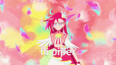 a girl with long red hair is surrounded by colorful feathers and the word hi-piper