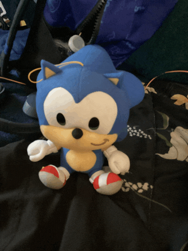 a sonic the hedgehog stuffed animal sits on a black blanket