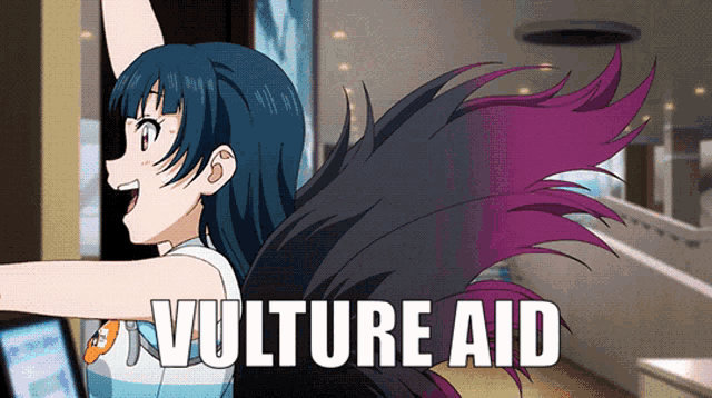 a picture of a girl with purple hair and the words vulture aid below her