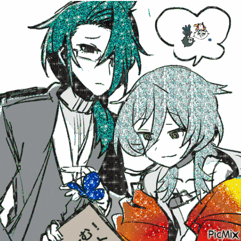 a couple of anime characters standing next to each other with a speech bubble above them that says picmix