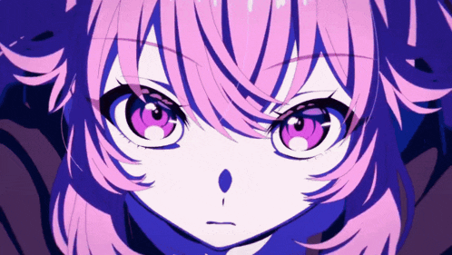 a close up of a girl 's face with purple eyes