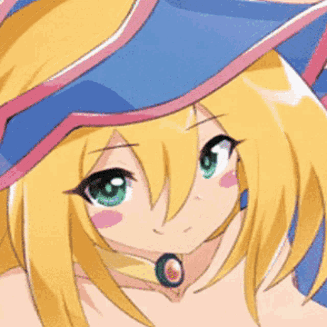 a close up of a blonde anime girl with green eyes