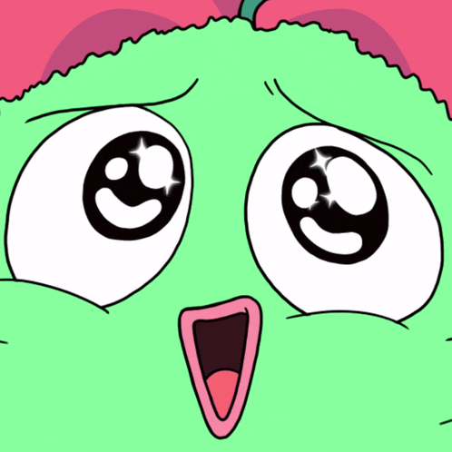 a cartoon drawing of a green face with big eyes