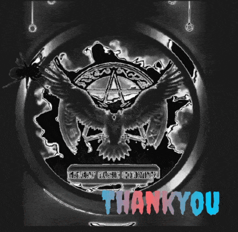a black and white drawing of a crow and a pentagram with the words thank you below
