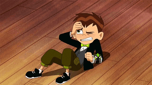 a cartoon character with a watch on his wrist is laying on the floor
