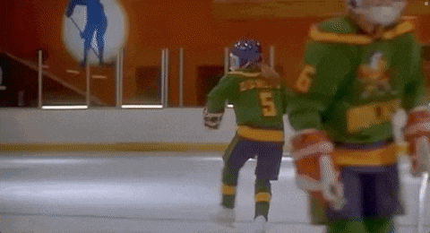 a couple of hockey players are standing on a rink .
