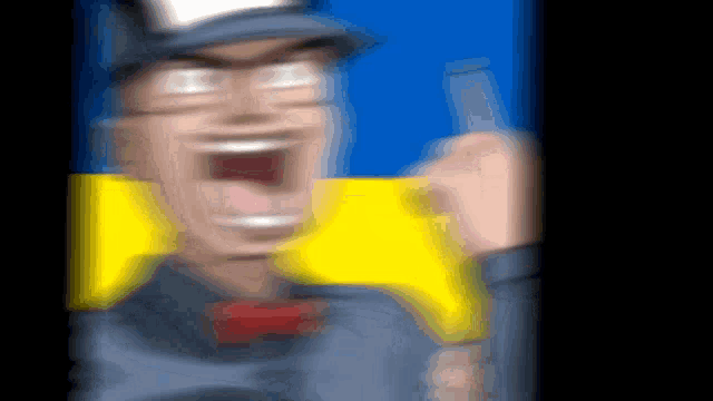 a blurry picture of a man wearing a hat and bow tie holding a gun .