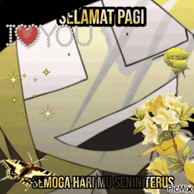 a picture of flowers and a butterfly with the words selamat pagi