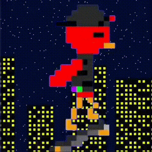 a pixel art of a person walking down stairs in front of a city at night .