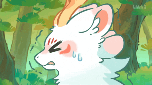 a cartoon drawing of a white rabbit with a red spot on its face