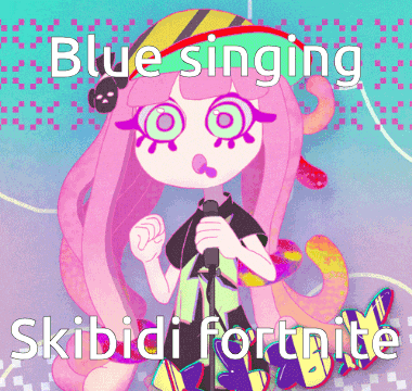 a cartoon of a girl singing into a microphone with the words blue singing skibidi fortnite