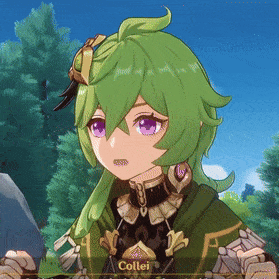a girl with green hair and purple eyes has the name collei on her shirt