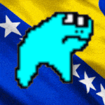 a blue cartoon character wearing sunglasses is standing in front of a yellow and blue flag