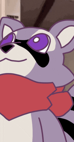 a close up of a cartoon raccoon wearing a red scarf