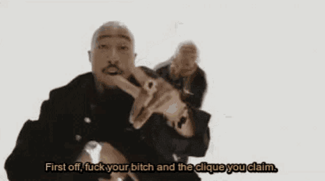 a cartoon of a man dancing with the words first off fuck your bitch and the clique you claim .
