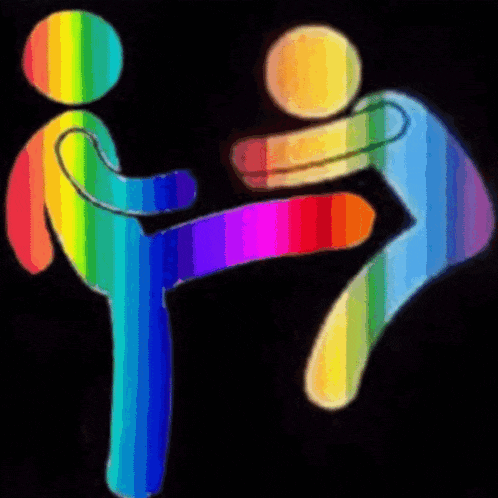 a colorful drawing of two people kicking each other