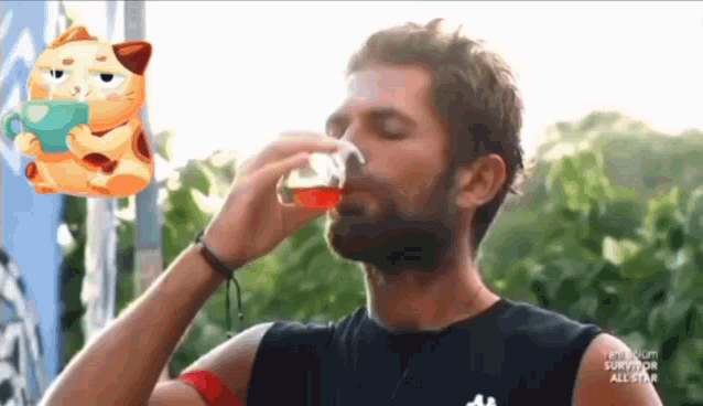 a man drinking from a cup with a cat holding a cup behind him that says survivor all star